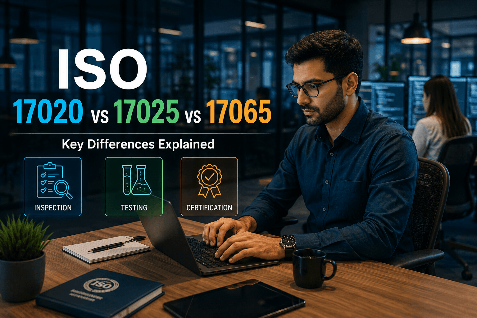 Professional comparing ISO 17020 vs 17025 vs 17065 accreditation standards